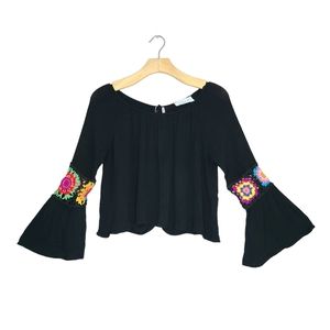 The Line of Style Black Long Sleeve Boho Crop Top with Floral Crochet Design